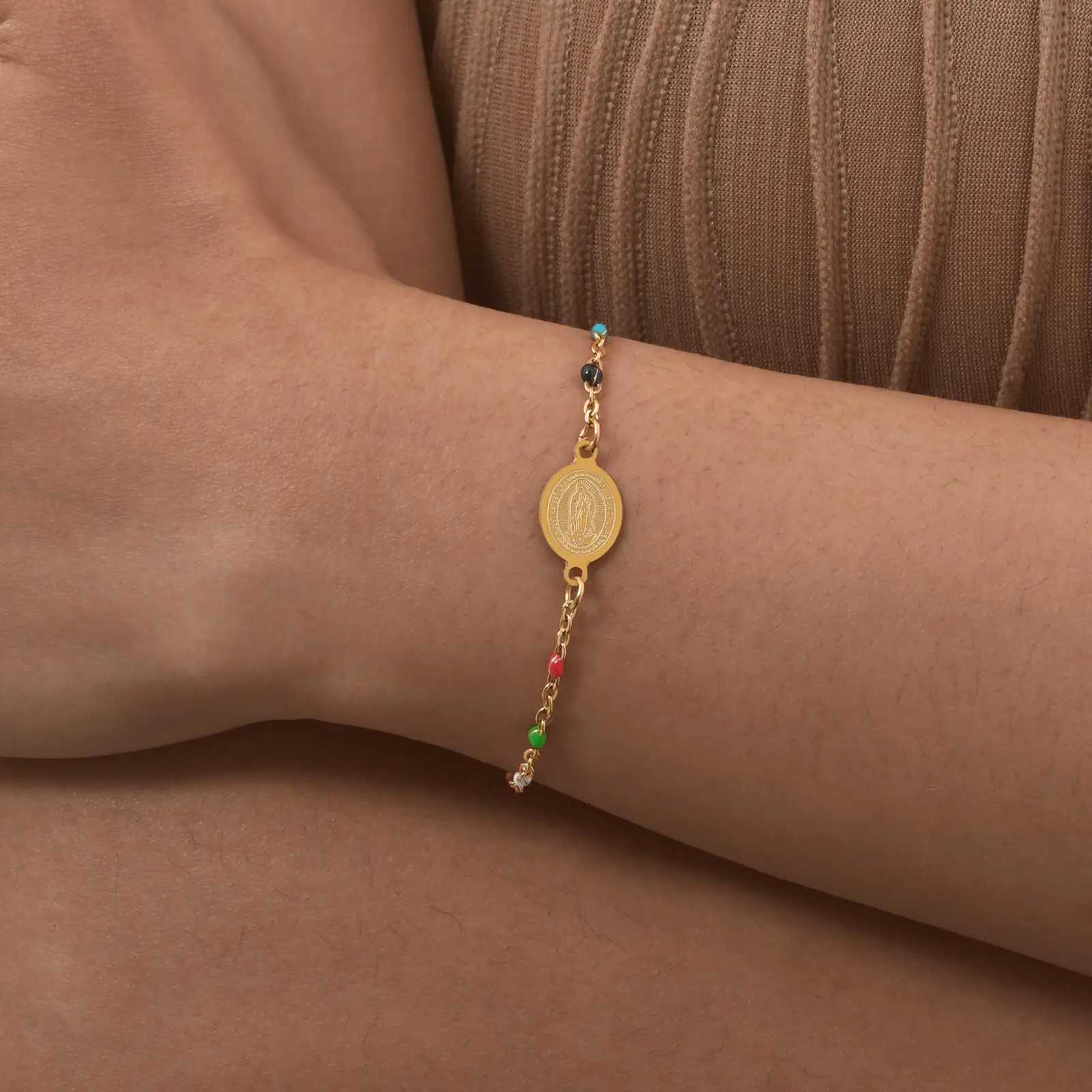 Bohemian Colored Bead Chains Virgin Bracelets for Women Gold Color Stainless Steel Bracelets Holy Christian Jewelry Gift XJ250707
