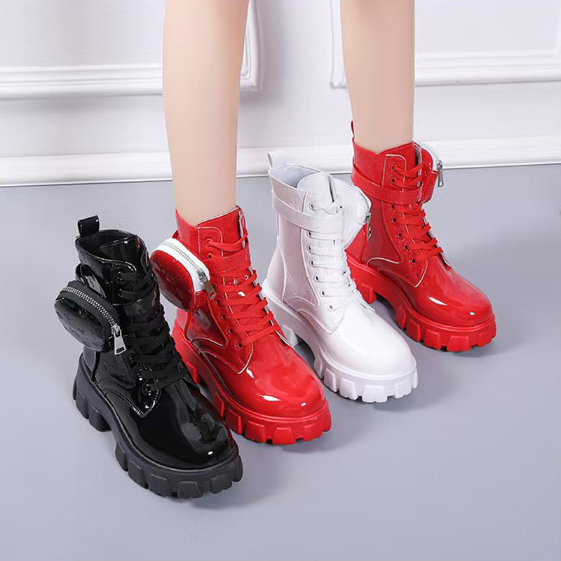 Designer White Leather Nylon Pouch Ankle Combat Boots platform Wedges Lace-Up Round Toe Block Heels Flat Booties Chunky Luxury Women factory footwear