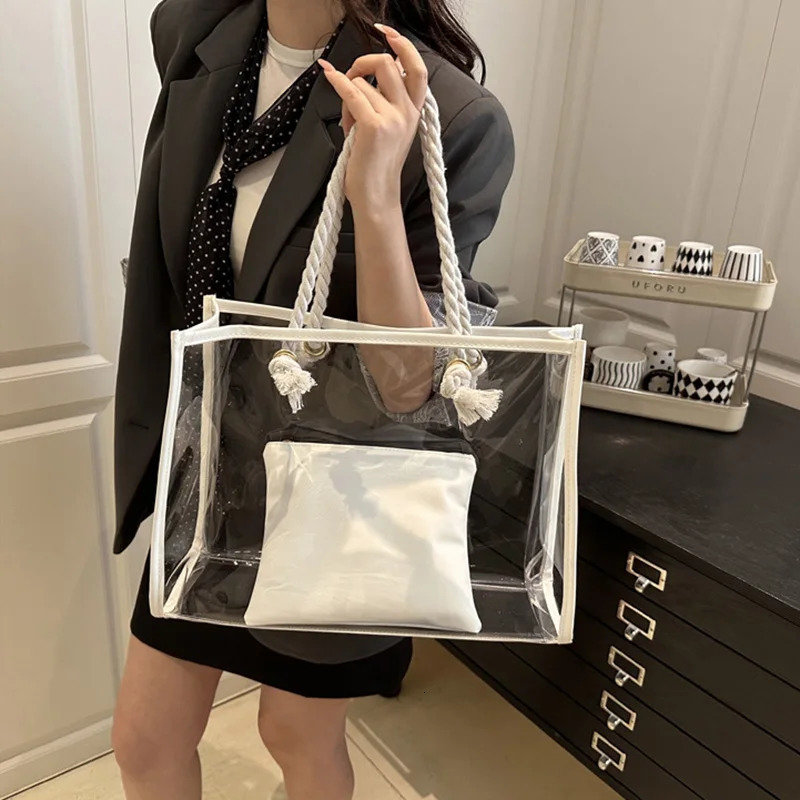 2pcs/set Clear PVC Casual Tote Bags For Women Waterproof Transparent Travel Beach Shoulder Bag For Outdoor Summer Handbags 250714