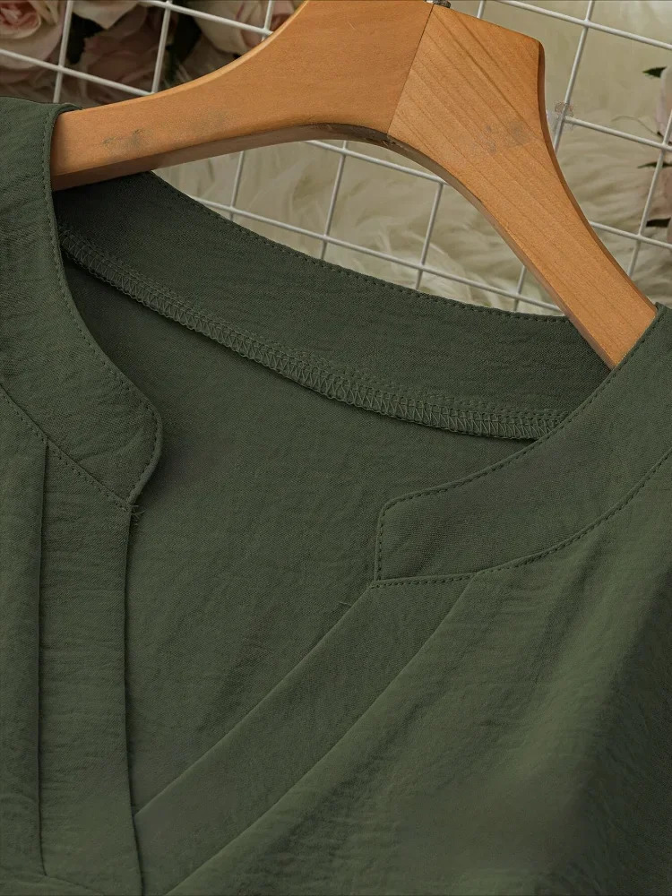 Plus Size Casual Tops Womens Loose Long Sleeve Stand Collar T-shirts Polyester Fashion Female Apparel V-neck Clothing 250703