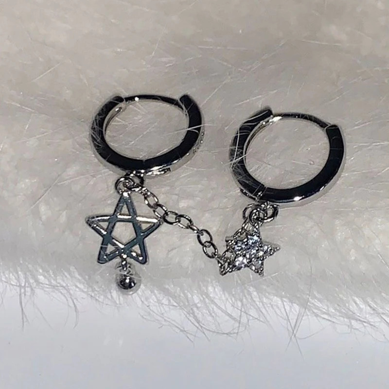 1PCS Silver Color Star Chain Double Ear Hole Ear Bone Nail Y2K Fashion tie Earrings For Women Jewelry 250701