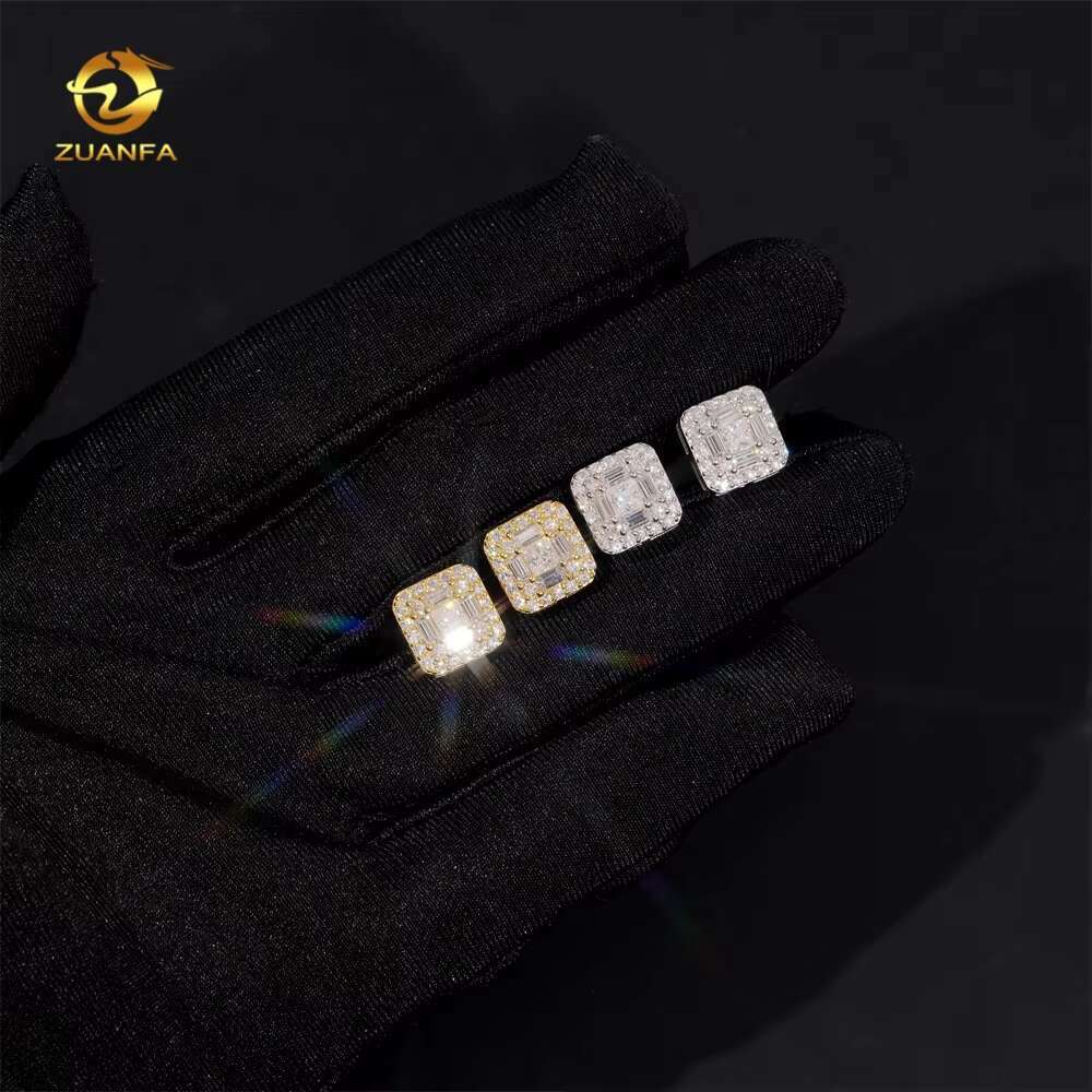 GRA Certificate Hip Hop Screw Back Iced Out Moissanite 925 Sterling Silver Square Mens Diamond Earrings