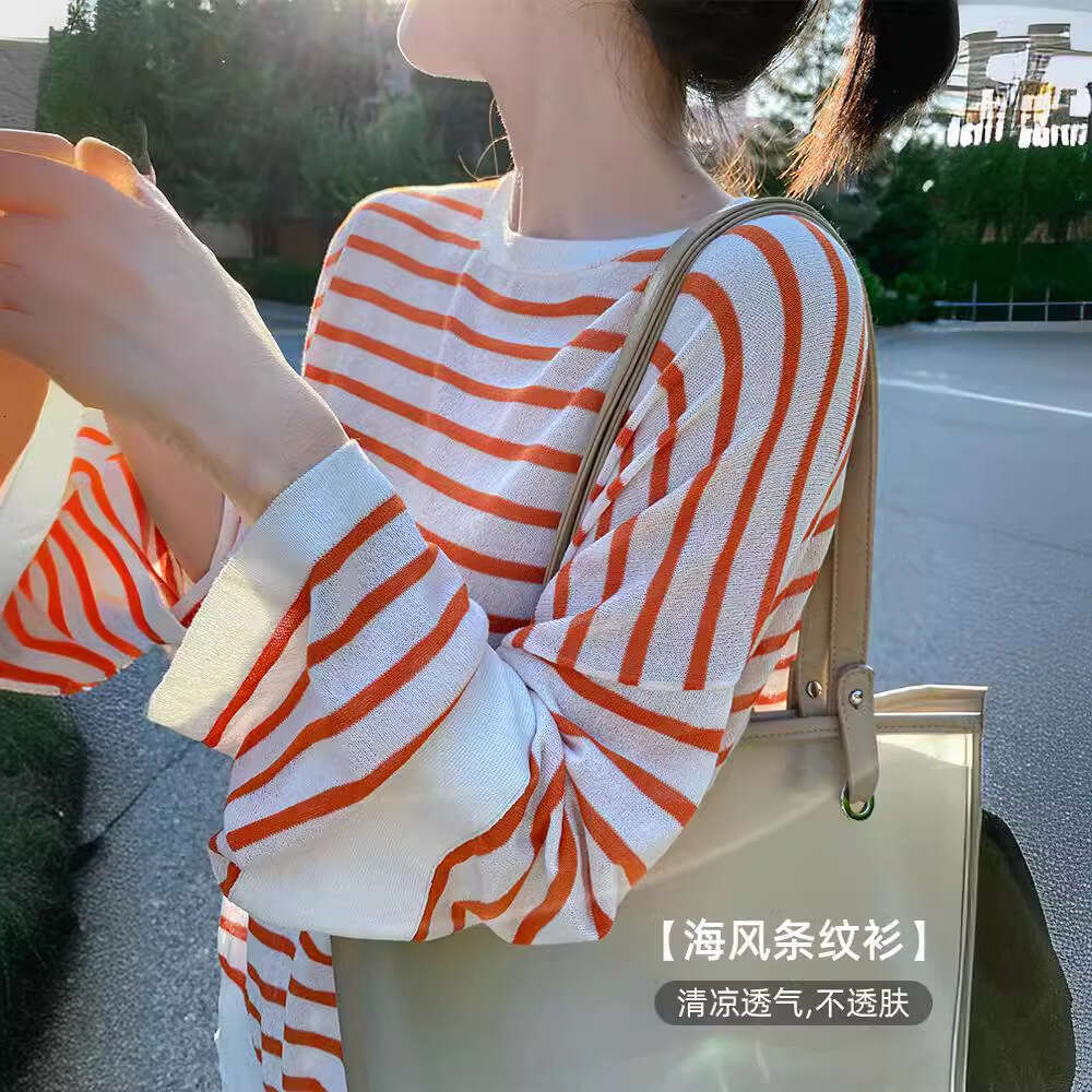 Korean Spring New Round Neck Striped Loose Plus Size Thin Wool Knit Sweater Women Long Sleeve Knitwear B5