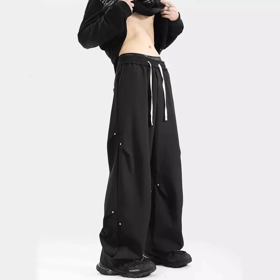 Trendy Black Cropped Studded Mens Pants Loose Fit Sensible Straight Leg Cargo Casual Trousers High Quality Durable Material y250704