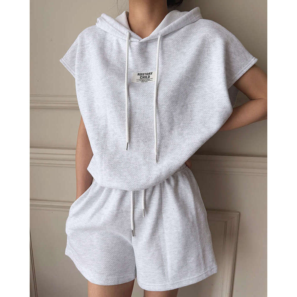 Light Gray Drawstring Hooded Sweatshirt Women Summer Loose High Waist Casual Shorts Set B5
