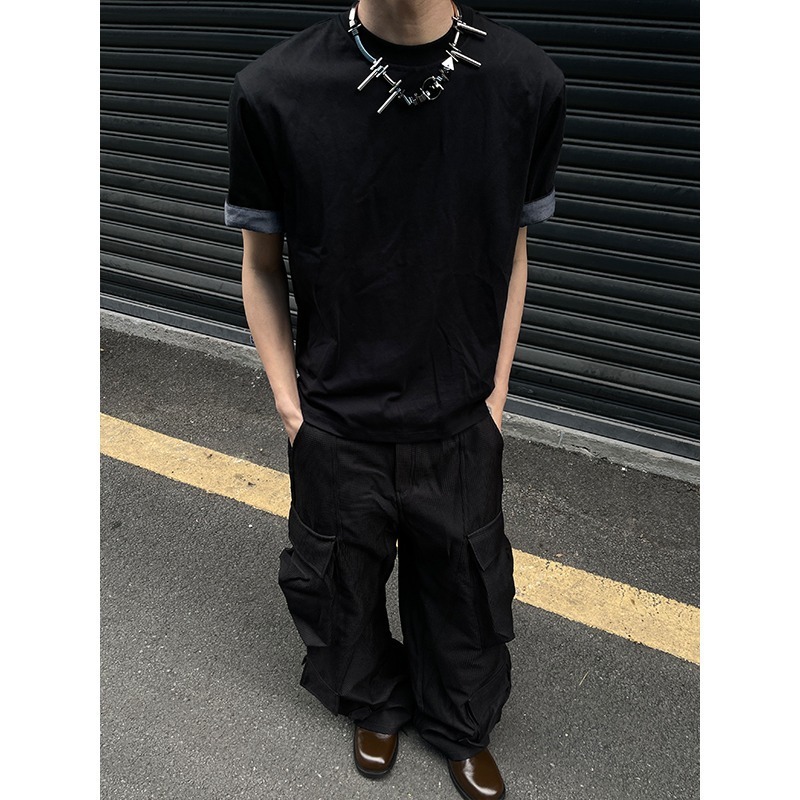 American Style Designer Short Sleeves Heavyweight Color-block Short Sleeve Men's Summer Fake Two-piece Pure Cotton Patchwork T-shirt Men's L