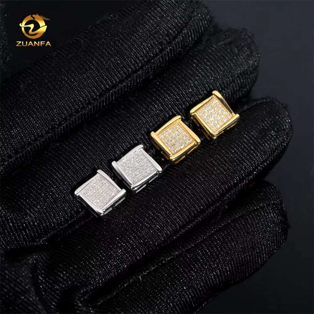 925 Silver Jewelry Square Stud Iced Out Hip Hop Diamond Moissanite Earrings for Men