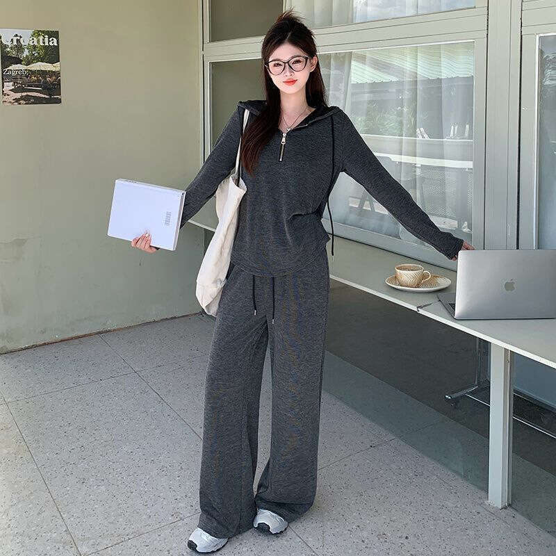 Lazy Hooded Sweatshirt For Women Autumn Winter Plus Size Casual Slimming Korean Style Wide Leg Pants Two-Piece Set B5