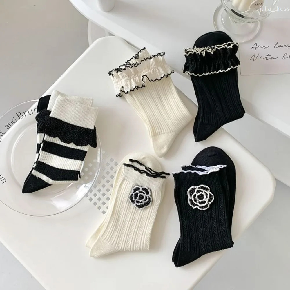 Soft Breathable Flower Frilly Ruffle Trendy Thick Women Camellia Socks Korean Style Socks Middle Tube Cotton Hosiery