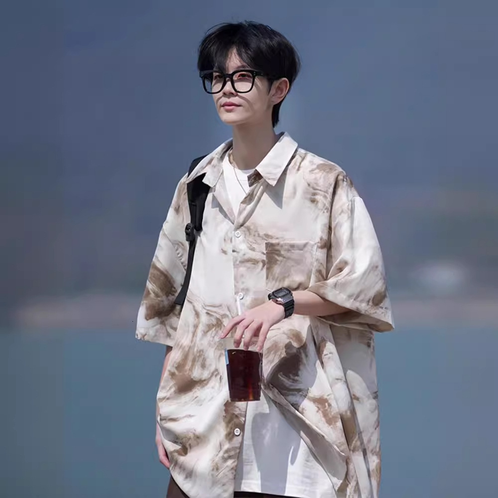 Tie-dye Short Sleeve Shirt Men Summer Designer Short Sleeves Ice Silk Seaside Floral Shirt Plus Size Loose Trendy Brand Jacket Beach Three-quarter Sle