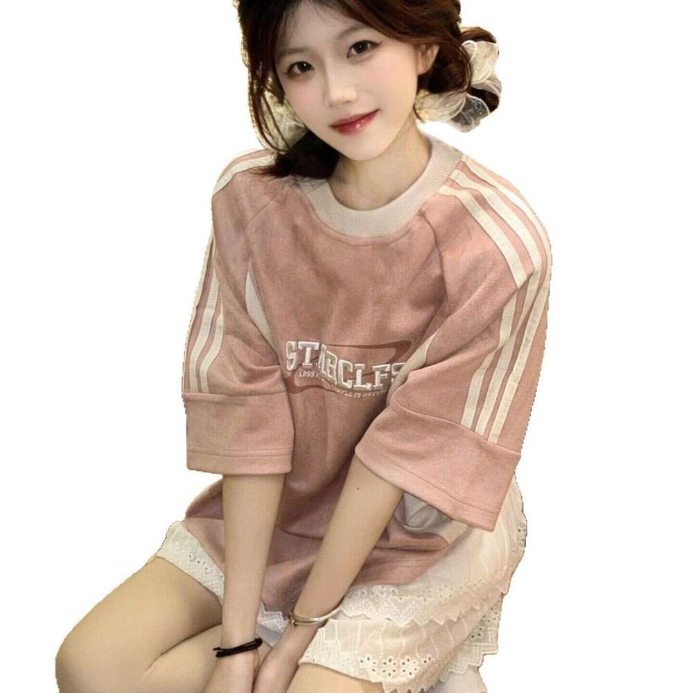 American Striped Embroidered Letter Round Neck Short Sleeve T-Shirt For Women Summer New Loose Design Sports Style Suede B5
