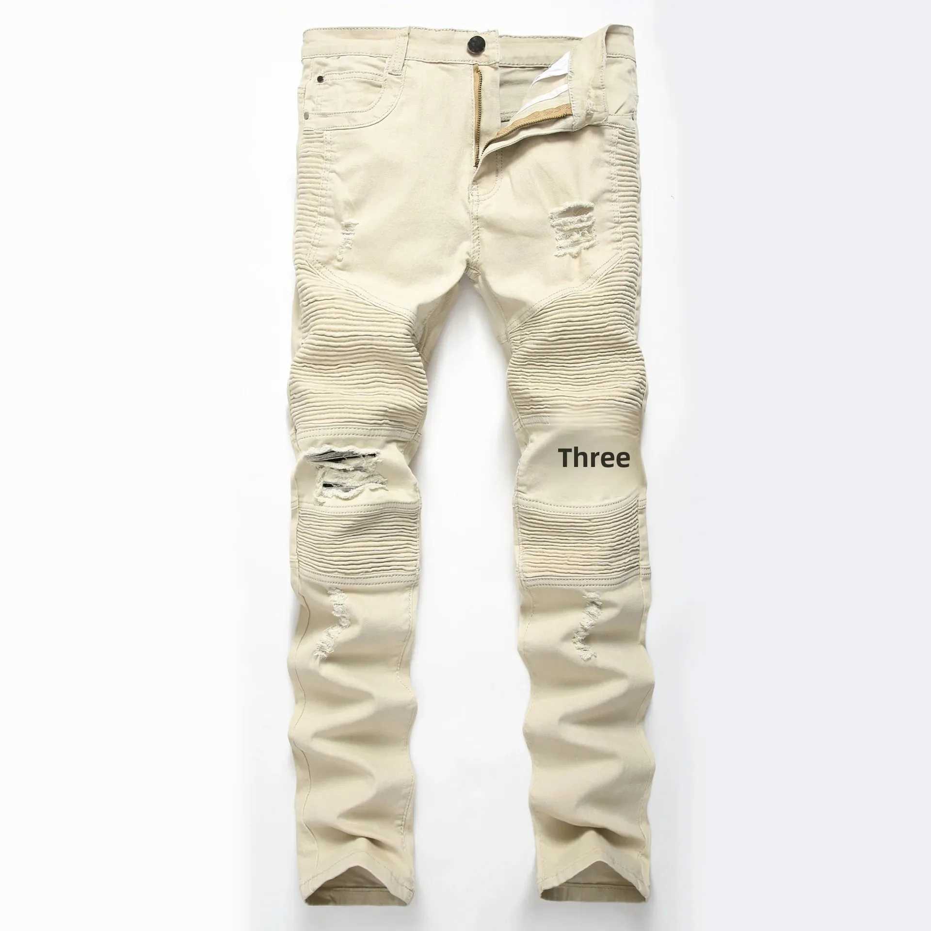 Trendy Brand Motorcycle Mens Jeans Unique Ripped Slim Fit Streetwear High Elasticity Smooth Slimming Effect Casual Denim XJ250707