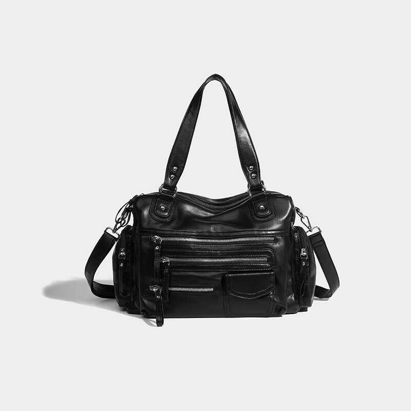 DHgargets New Casual Oil Wax Leather Large Capacity Tote Bags for Women Fashion Black Zipper Female Commuter Shoulder Bag Ladies Handbag