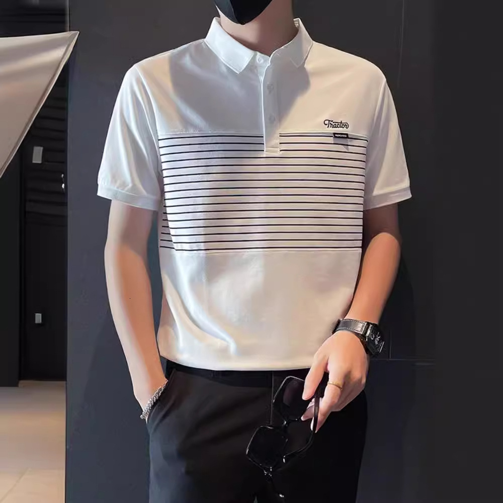 Short Sleeve Men's Polo Shirt Trendy Brand Summer New Striped Patchwork Turn-down Collar T-shirt Stylish Versatile Half Sleeve Designer Short Sle