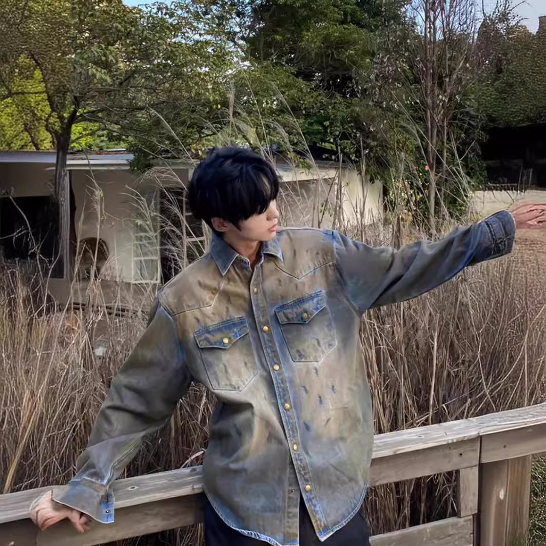 American Retro Tie-dye Distressed Designer Short Sleeves Denim Shirt For Men, National Trend Vintage Wasteland Style Men's Long Sleeve Shirt Jack