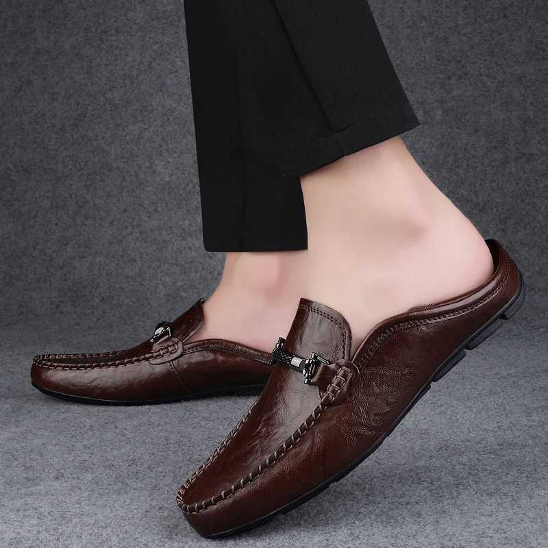 New Summer Punching Breathable Quality Men Dual Purpose Leather Shoes and Slippers Fion Casual Sizes 35-49 Loafers Y250707