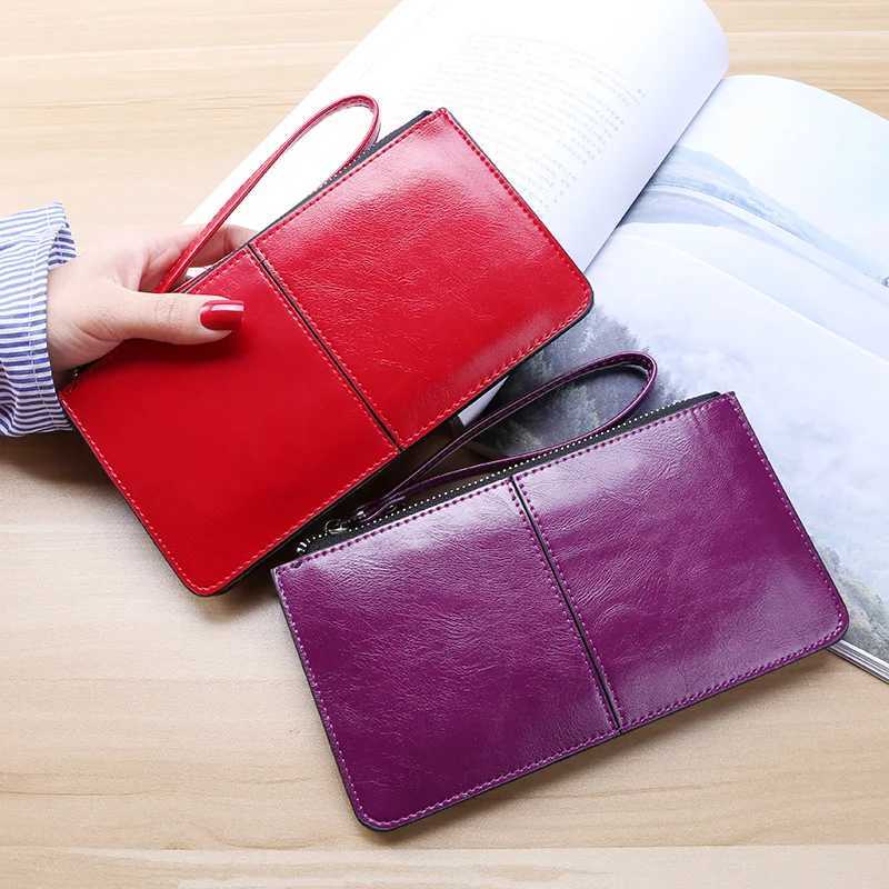 100% Genuine Leather PU Leather Clutch Wallet Women Large Capacity Phe Purse Ladies Wristband Simple Card Holder Pouch Bag Y250707