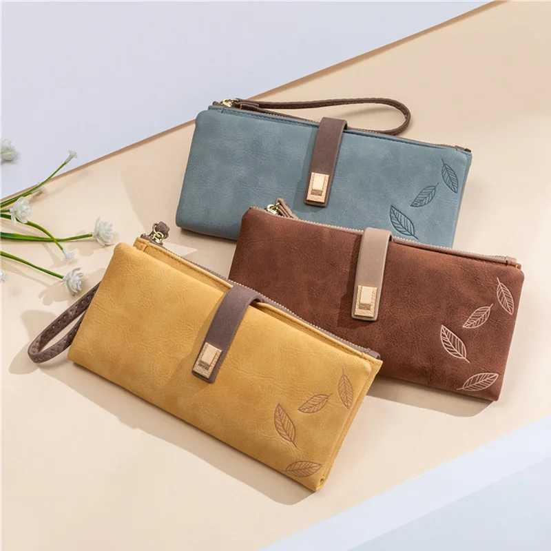 Wen Wallet Fi Lg Design PU Leather Holder Frosted Leaf Print Buckle Zip Purse Fem Handbag Wallets Y250707