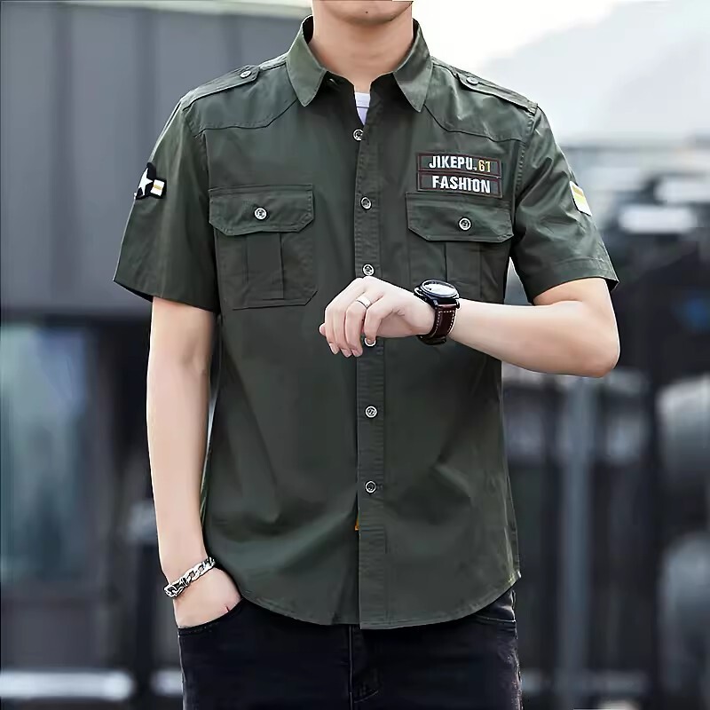 Trendy Brand All-cotton Work Shirt Short Sleeve Men Summer New Slim Designer Short Sleeves Fit Army Green With Pockets Military Style Casual Shirt