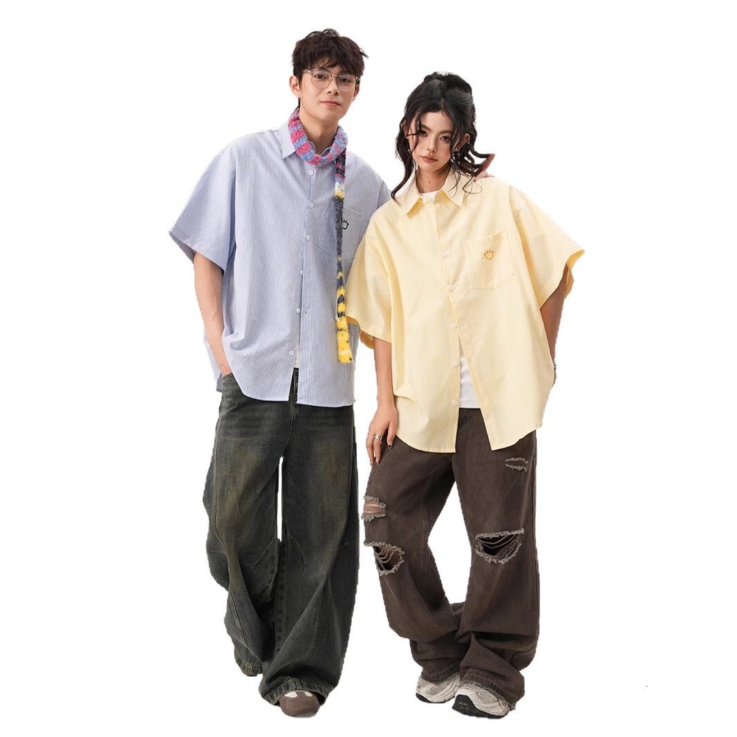 American Style Smiley Face Embroidered Short Sleeve Shirt For Men Designer Short Sleeves And Women, Summer Loose Cuban Collar Striped Half Sleeve Shir
