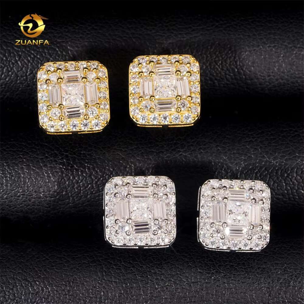 GRA Certificate Hip Hop Screw Back Iced Out Moissanite 925 Sterling Silver Square Mens Diamond Earrings