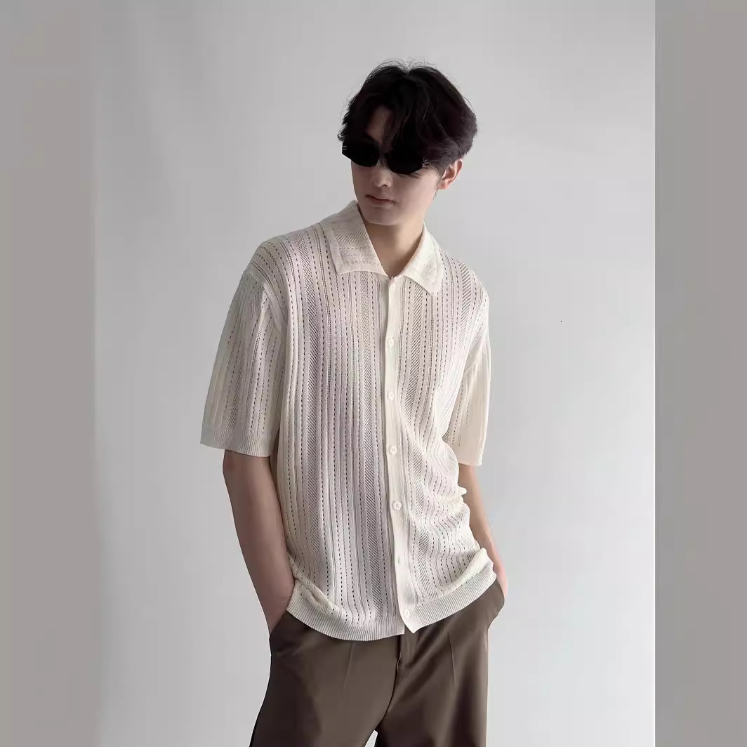 Hong Kong Style Retro Hollow Out Turn-down Collar Short Sleeve Men's Knitted Shirt Fashionable Lace Breathable Shirt Cardigan Designer Sleeves T-