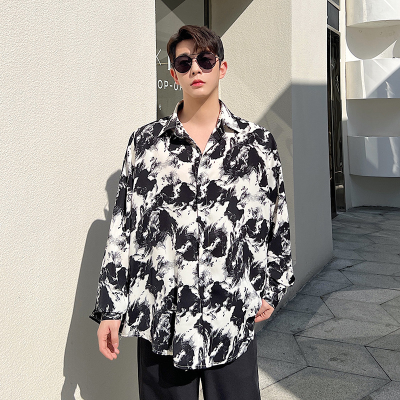 Summer Designer Short Sleeves Retro Ink Painting Print Flowy Shirt Men Long Sleeve Korean Version Loose Cool High-end Shirt Hairstylist