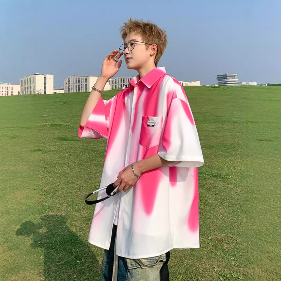 Tie-dye Gradient Short Sleeve Shirt Men 2025 Summer New Simple Design Sense Niche Cool Loose Designer Short Sleeves Half Sleeve Shirt