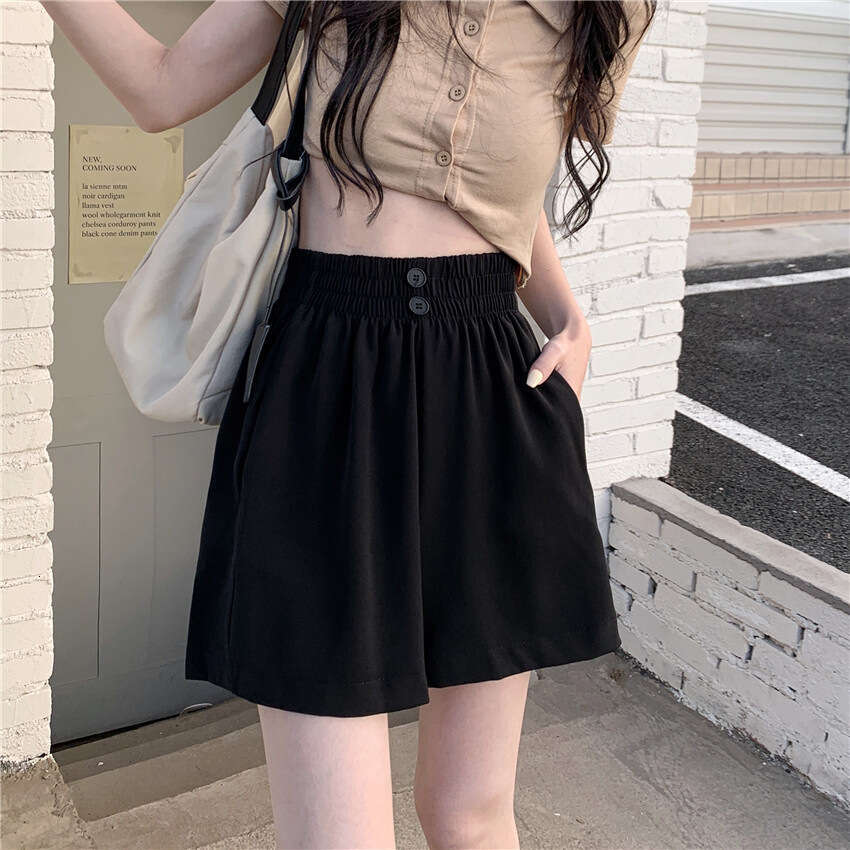 Black Wide-Leg Summer Thin Versatile High-Waisted Five-Point Korean Fashion Slimming Elastic Waist Shorts For Women B5