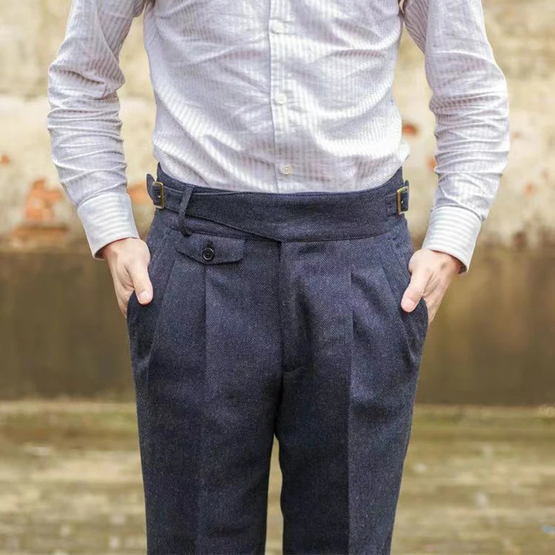 Vintage Gurkha Pants Men England Style High Waist Smart Casual Straight Trousers Autumn Winter Woolen Fashion Naples Suit Pant 250707