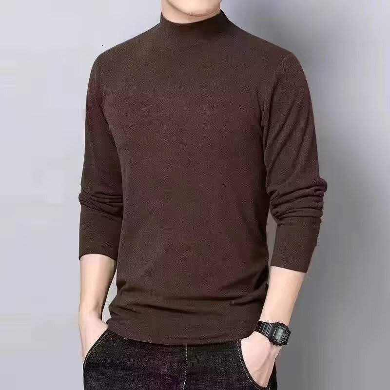 Warm Fleece Lined Mid-high Collar T-shirt For Men 2025 New Autumn Winter Thermal Base Shirt Ins Style Versatile Designer Short Sleeves Long Sleeve Top