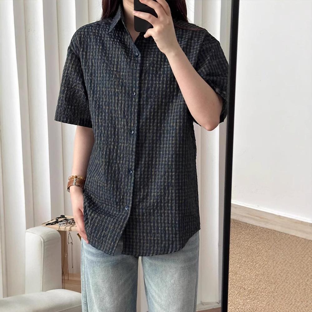 American Retro Bubble Gauze Plaid Shirt Men's Short Designer Short Sleeves Sleeve Summer Thin Sun Protection Loose Lazy Style Half Sleeve Shirt
