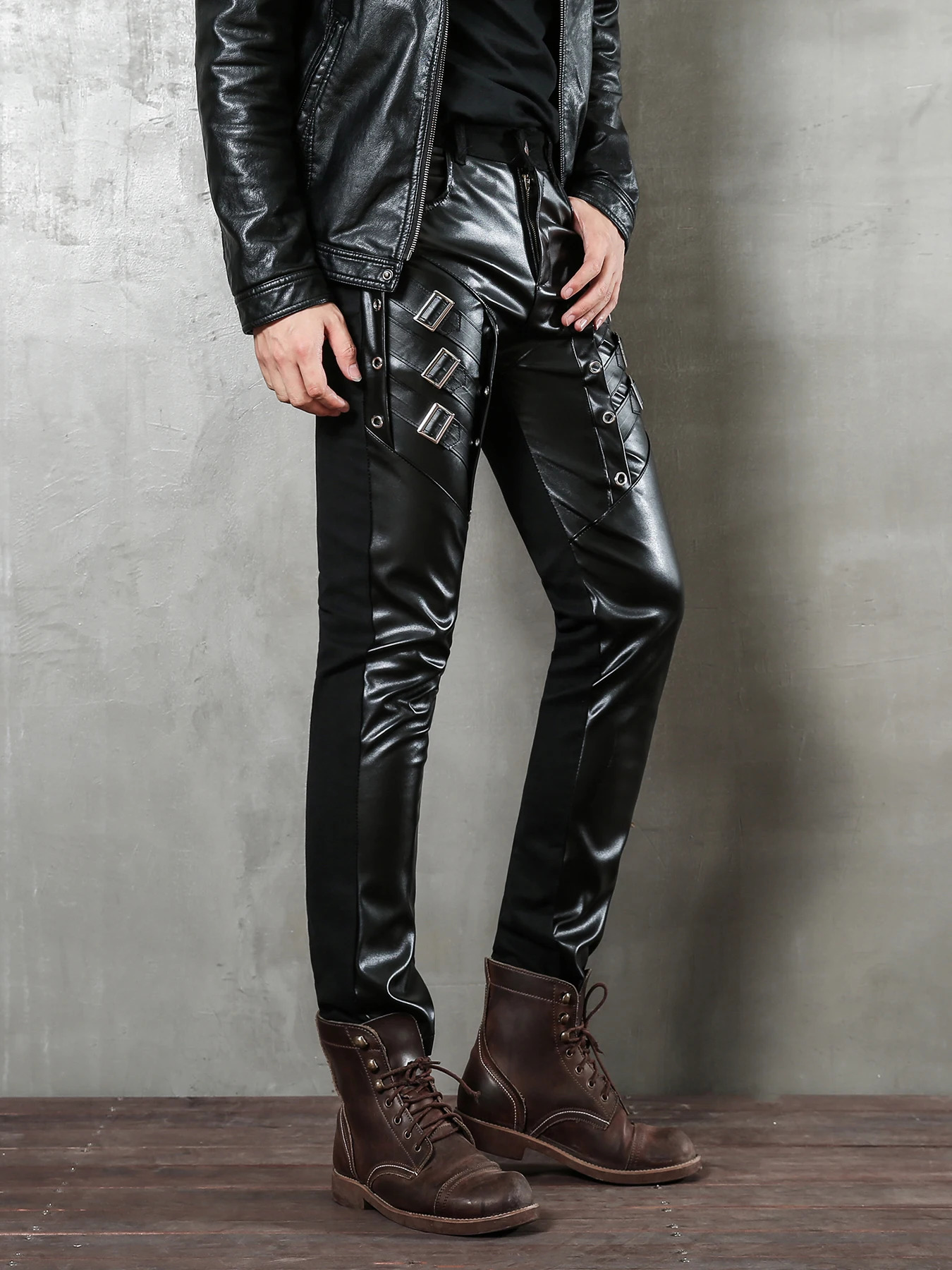 Men's Motorcycle Hip Hop Slim Fit Soft PU Faux Night Club Dance party Leather Biker Pants 250704