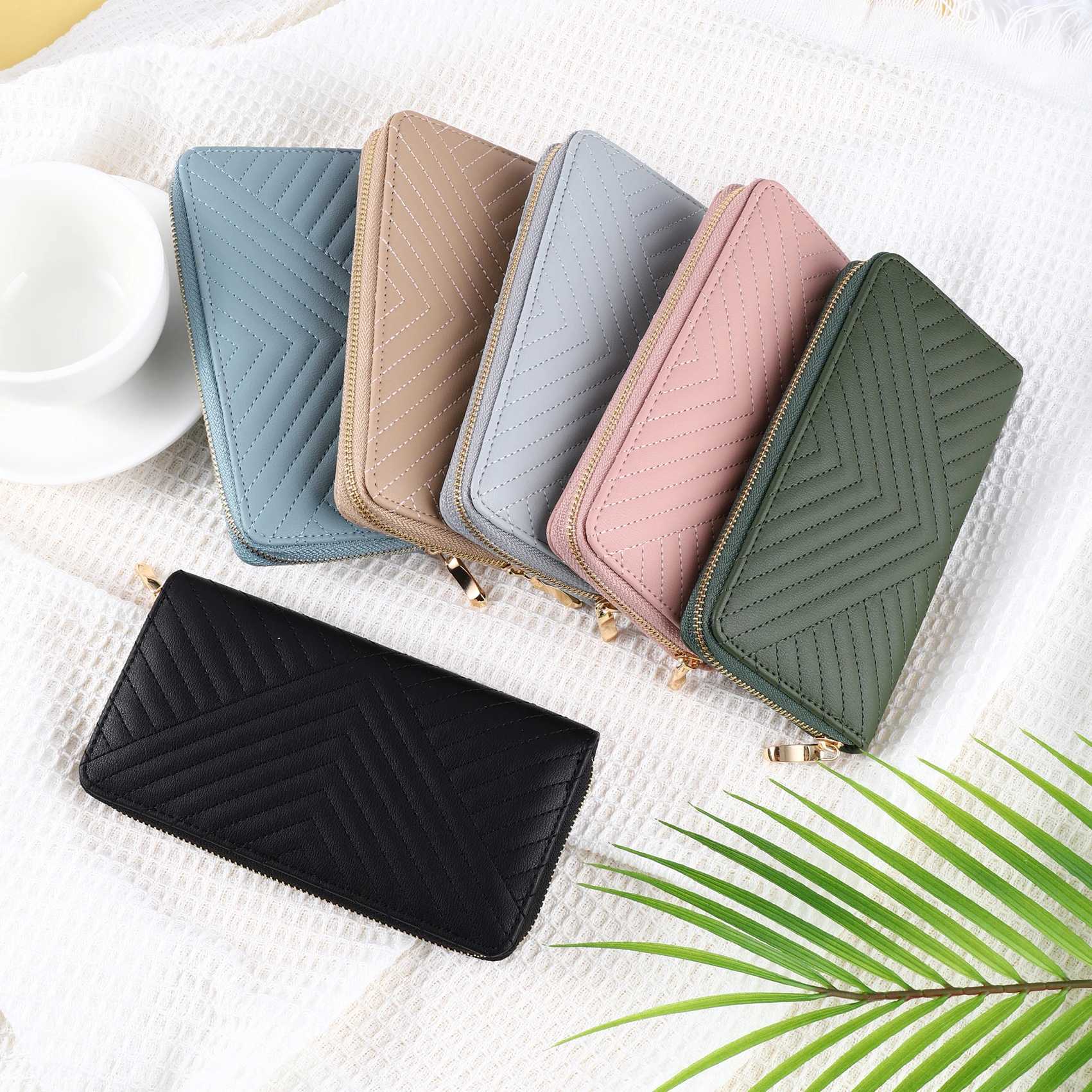 New Solid Color PU Wallet for Girls with Zipper Print Clutch Bag Simple Temperament Sewing Line Coin Purse Y250707