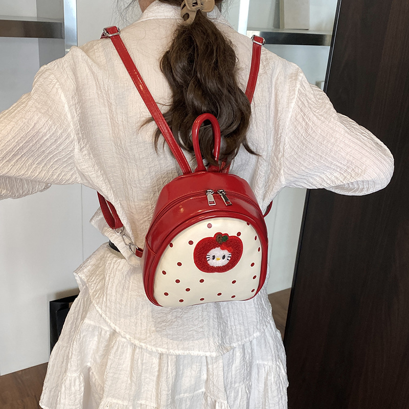 Free shipping designer Cute Apple Polka Dot Cat Backpack for Women 2025 New Trendy Fashionable College Style Backpack Handbag School Bag