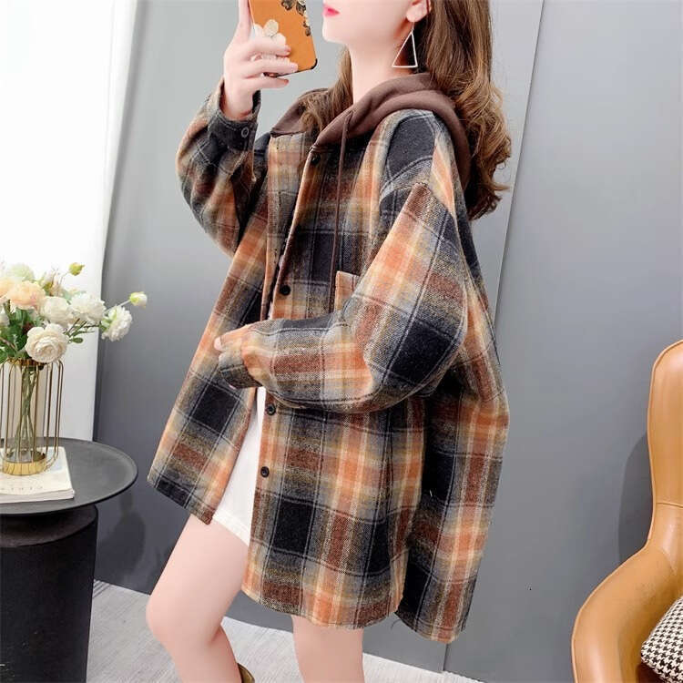Autumn Winter New Thickened Brushed Plaid Shirt Loose Lazy Style Mid-Length Coat For Women B5