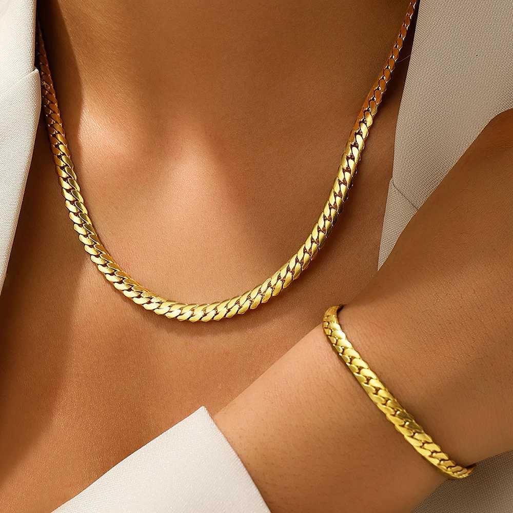 DOTIFI Stainless Steel Simple Flat Cuban Chain Bracelet Necklace Jewelry Set 18k Gold Plated Fashion Thick Chain Fashion Jewelry XJ250707