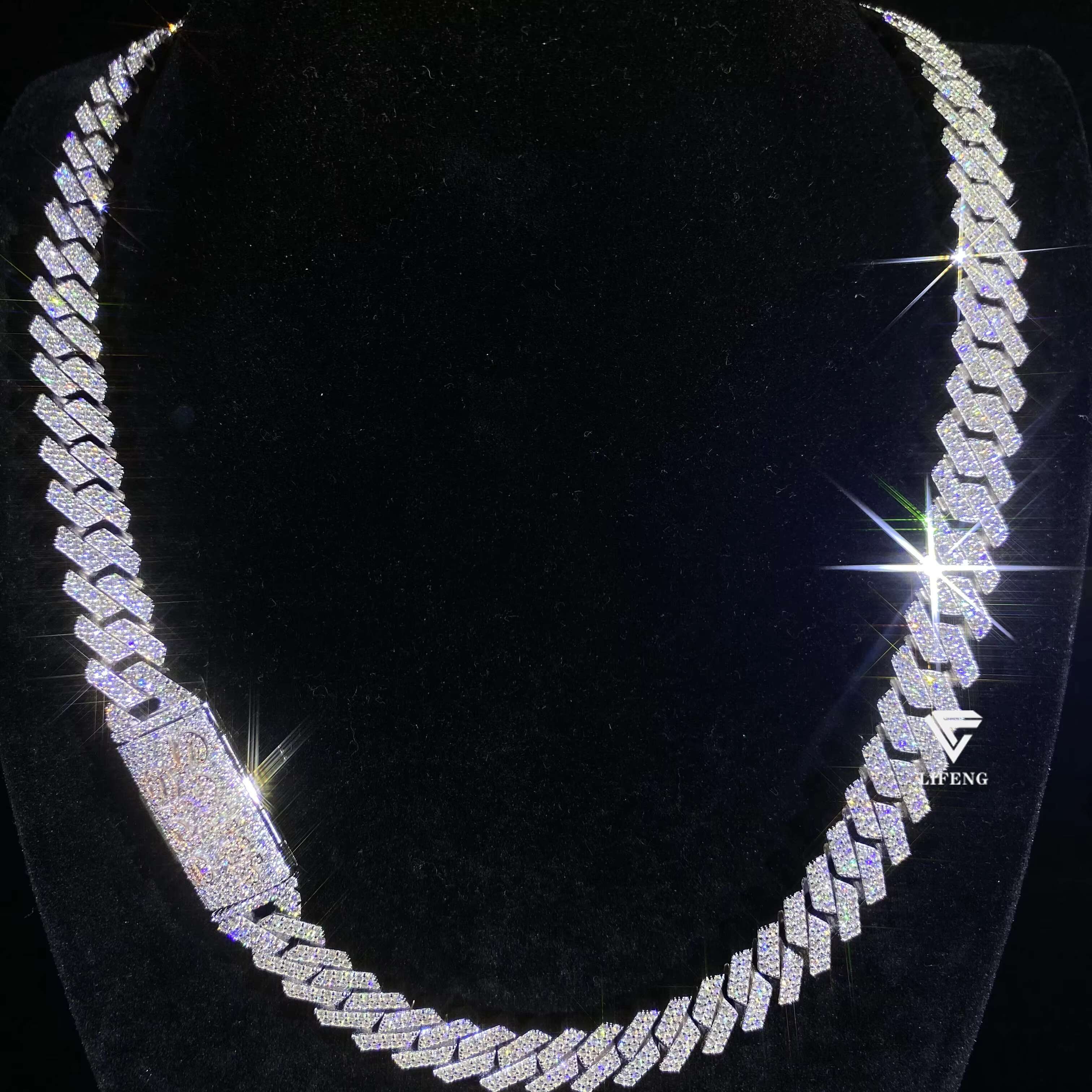Iced 14mm 2-Row White Gold Plated Hip Hop Style Solid 925 Silver Rapper Cuban Link Chain Necklace Moissanite Diamond Necklace