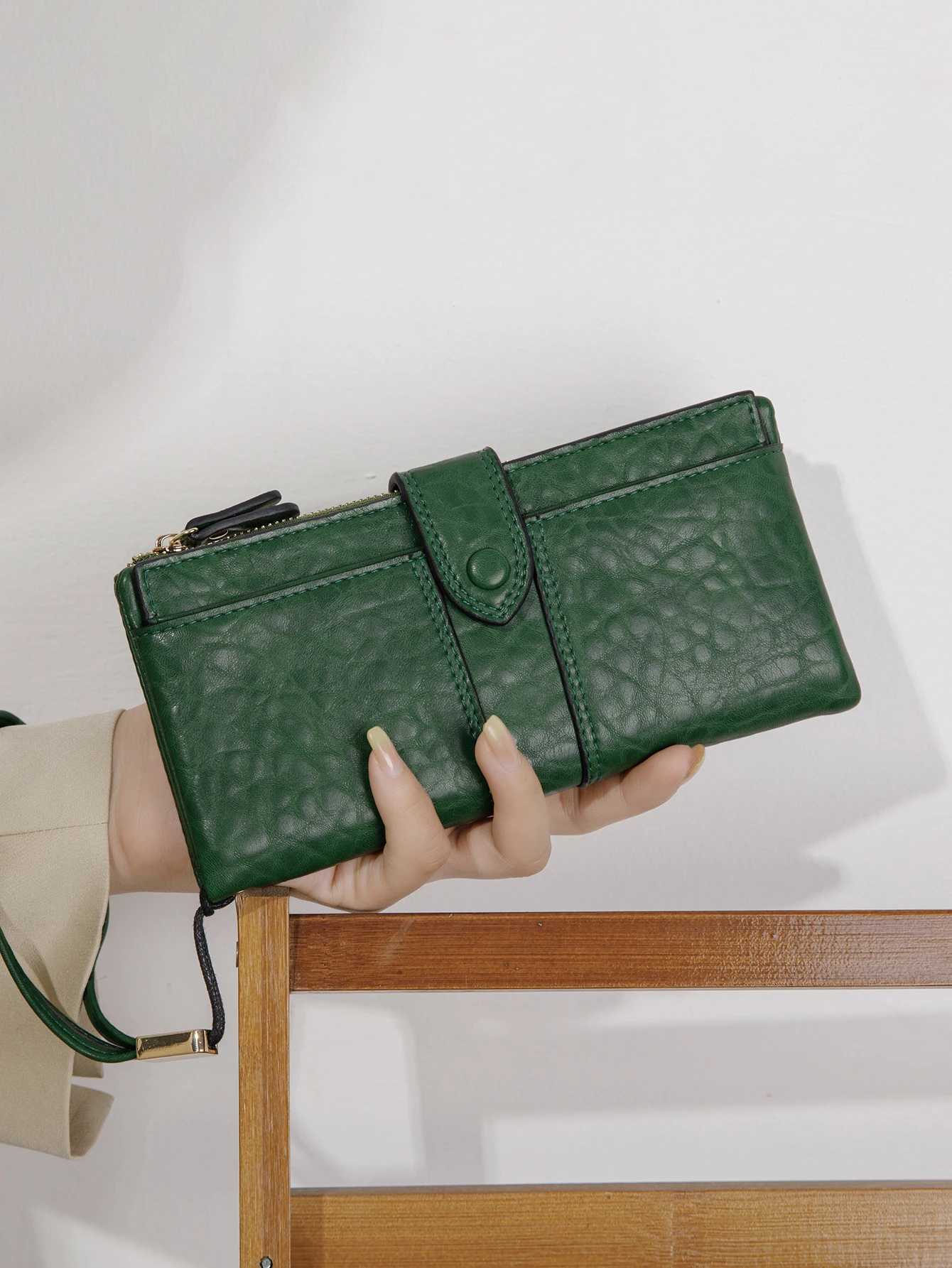 Minimalist Buckle Double Fold Mens Wallet LG Wallet with Dual ID Identity Window and Wrist Strap Y250707