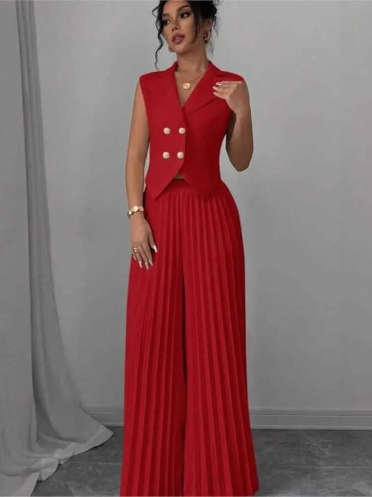 Women Fashion Solid Office Suit Casual Slim Button Two Piece Set Elegant Turn Down Collar Sleeveless Blazer Pleat Pants Outfits M250706
