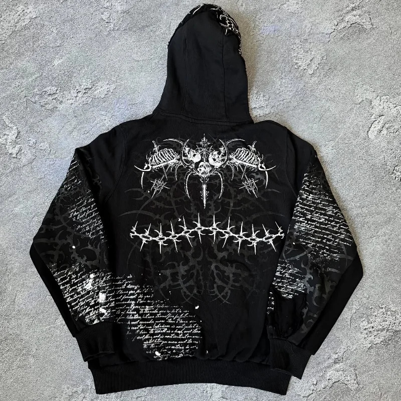 Gothic skull geometric pattern print versatile casual hoodies men Y2K hip-hop street clothing rock and roll oversized sweatshirt 250707