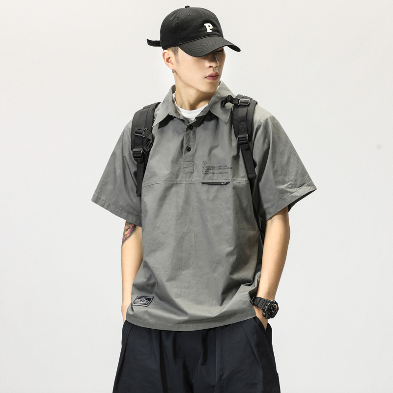 Japanese Style Handsome Workwear Polo Collar Shirt Men Summer American Designer Short Sleeves Retro Short Sleeve T-shirt Trendy Brand Turn-down Collar