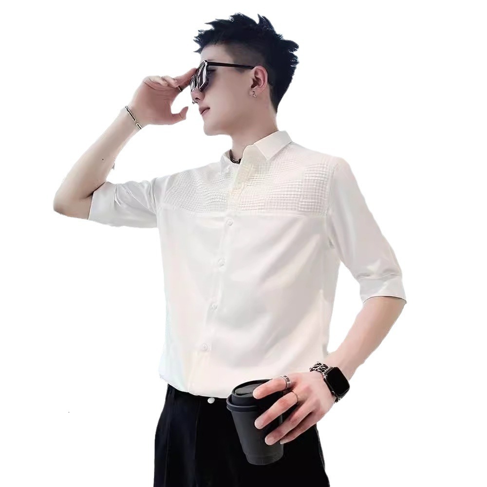 High-end Ice Silk Shirt Men Short Sleeve Trendy Brand Cool Seven-quarter Sleeve Designer Short Sleeves Shirt Men's 2025 New Summer Half Sleeve