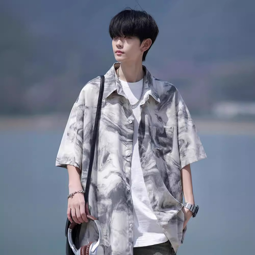 Tie-dye Short Sleeve Shirt Men Summer Designer Short Sleeves Ice Silk Seaside Floral Shirt Plus Size Loose Trendy Brand Jacket Beach Three-quarter Sle
