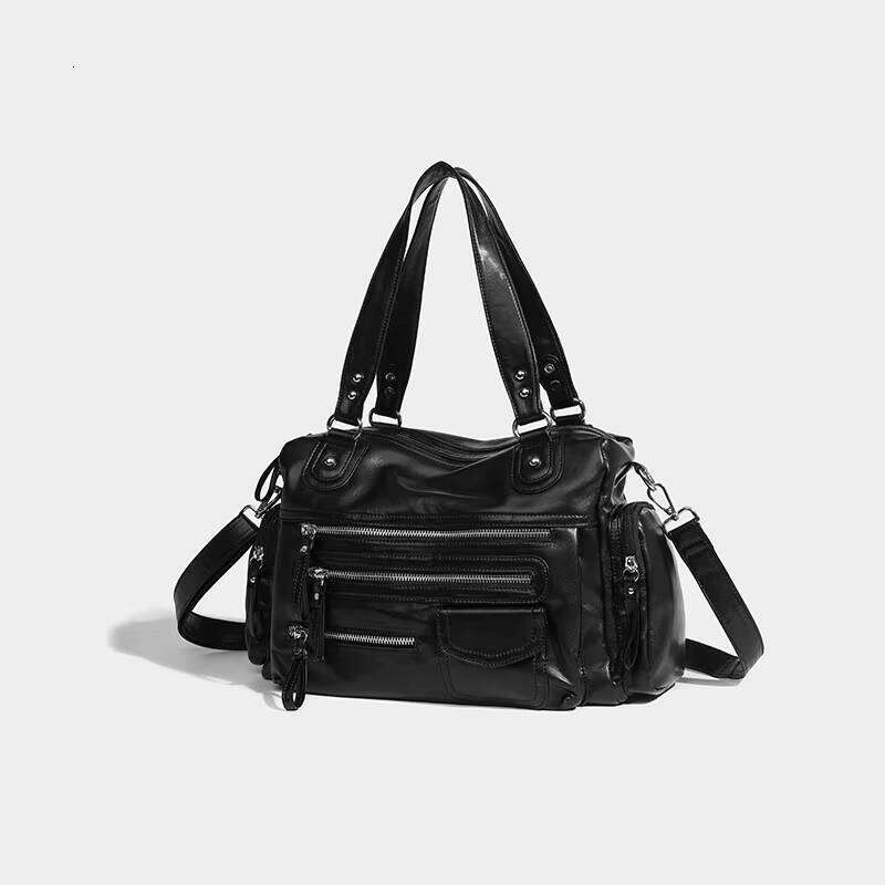 DHgargets New Casual Oil Wax Leather Large Capacity Tote Bags for Women Fashion Black Zipper Female Commuter Shoulder Bag Ladies Handbag