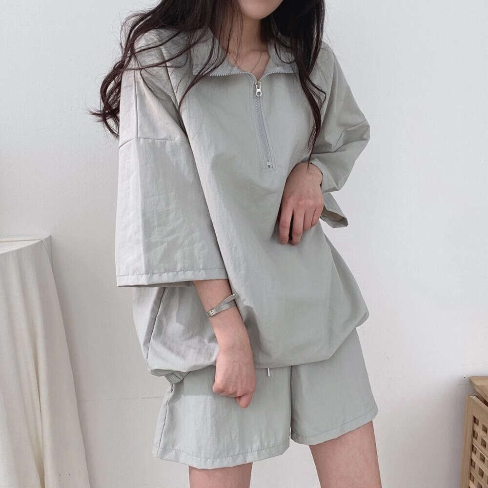 Stand Collar Zipper Short Sleeve For Women Summer New Fashion Casual Sportswear Two-Piece Set Trendy B5