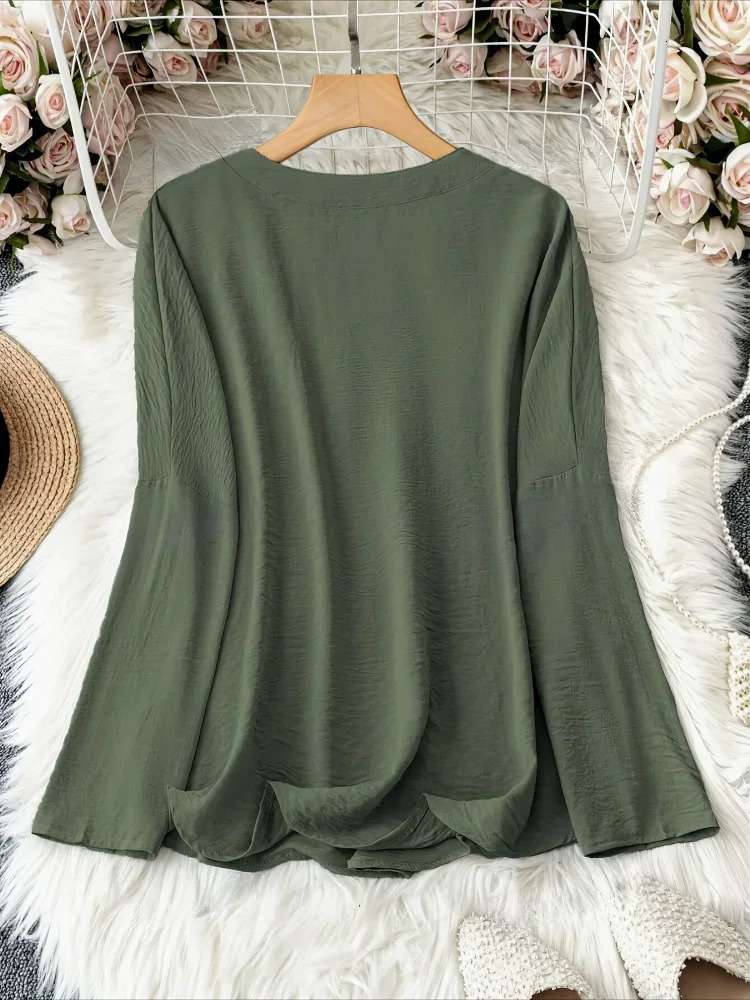 Plus Size Casual Tops Womens Loose Long Sleeve Stand Collar T-shirts Polyester Fashion Female Apparel V-neck Clothing 250703