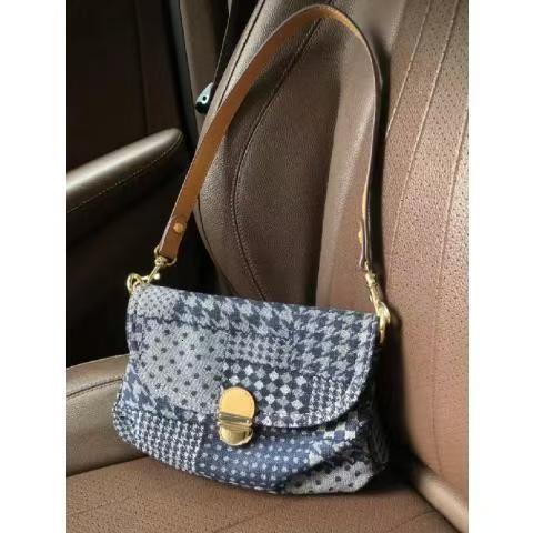 Designer Jeans Vintage Houndstooth Pattern Women 's Shoulder Flap Zipper Denim Handbag Underarm Bag Shopper Tote H6.21#38.4 ddmythur