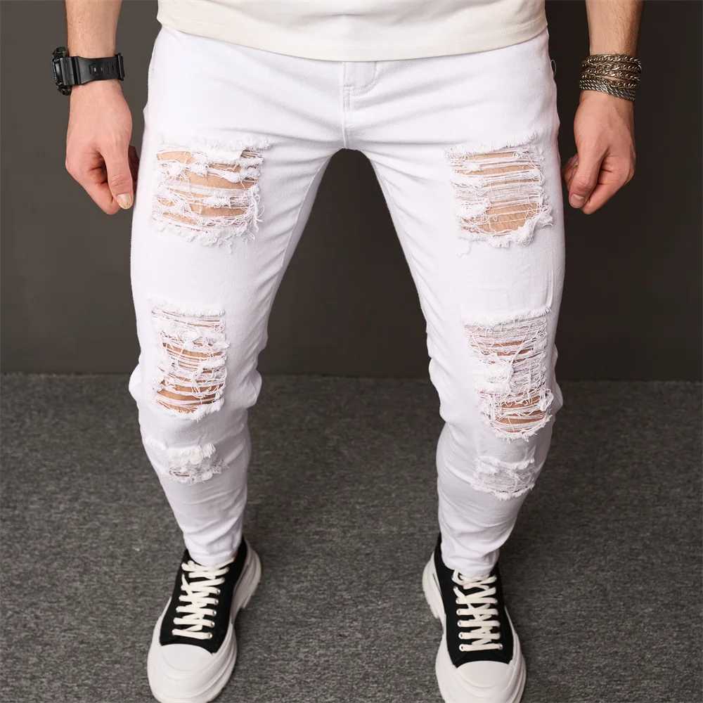 Streetwear Holes Skinny Jeans Stylish Men Stretch Slim Trousers Distressed Ripped Solid Male Casual Pencil Denim Pants XJ250707
