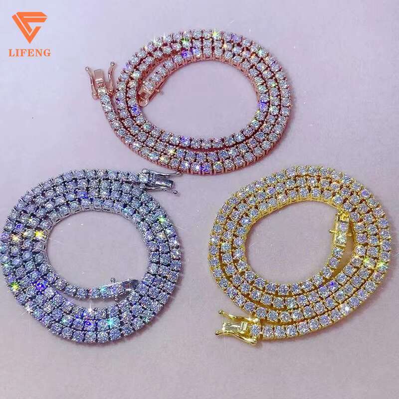 Lifeng 5 mm Hip Hop Tennis Chain Necklace for Women 925 Sterling Silver Chain VVS Moissanite Diamond Rose Gold Tennis Chain